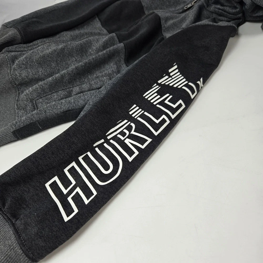 Hurley Full Zip Hoodie Boys Small 8-10 Gray Black H2O-DRI Sweatshirt Logo Sleeve